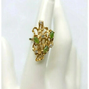 Green Glass Rhinestone 14KT HGE Gold Electroplate NOS Vintage Ring Size 5.75